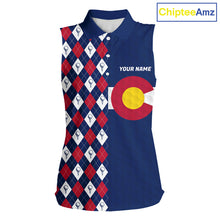 Load image into Gallery viewer, Women's sleeveless golf polo featuring Colorado flag and argyle golf ball pattern, personalized golf apparel inspired by mountain lifestyle, outdoor adventure and state pride.