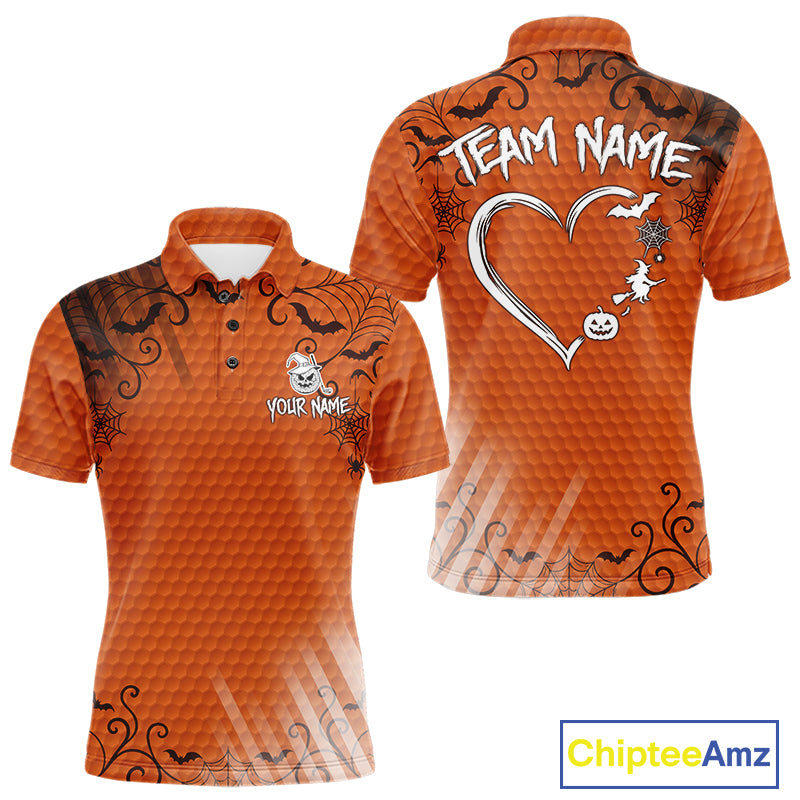 Heart Halloween Men Golf Polo Shirt Custom Orange Spiderweb Name Golf Shirt, Halloween Golf Gifts NYN4280