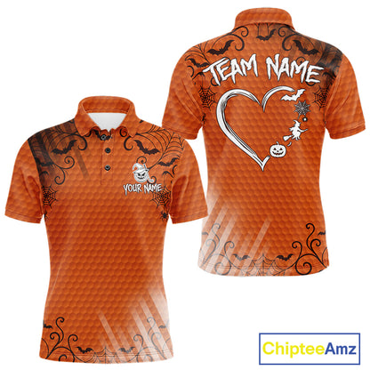 Heart Halloween Men Golf Polo Shirt Custom Orange Spiderweb Name Golf Shirt, Halloween Golf Gifts NYN4280