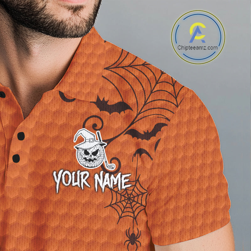 Heart Halloween Men Golf Polo Shirt Custom Orange Spiderweb Name Golf Shirt, Halloween Golf Gifts NYN4280