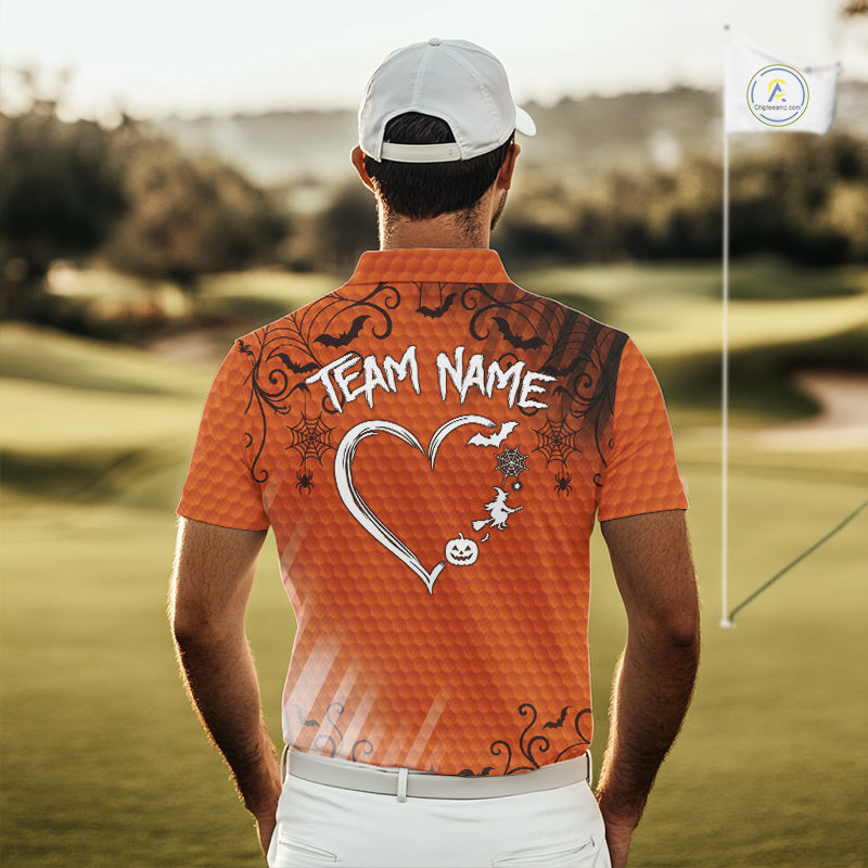Heart Halloween Men Golf Polo Shirt Custom Orange Spiderweb Name Golf Shirt, Halloween Golf Gifts NYN4280