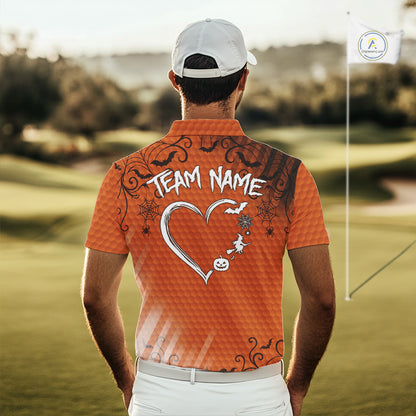 Heart Halloween Men Golf Polo Shirt Custom Orange Spiderweb Name Golf Shirt, Halloween Golf Gifts NYN4280