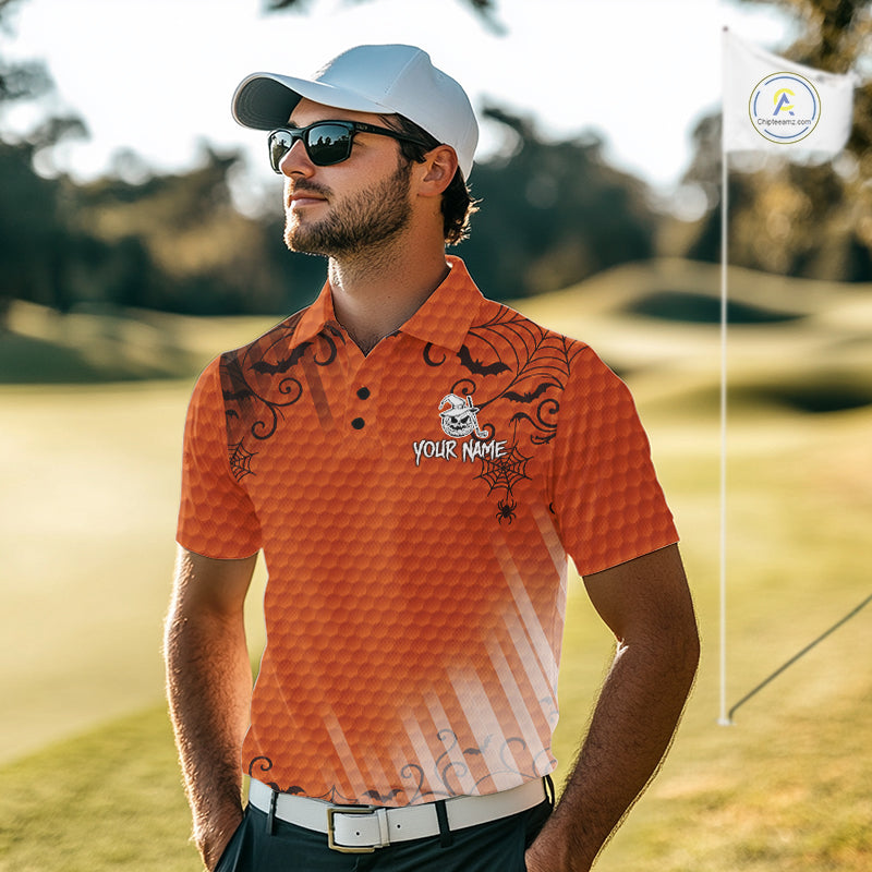 Heart Halloween Men Golf Polo Shirt Custom Orange Spiderweb Name Golf Shirt, Halloween Golf Gifts NYN4280