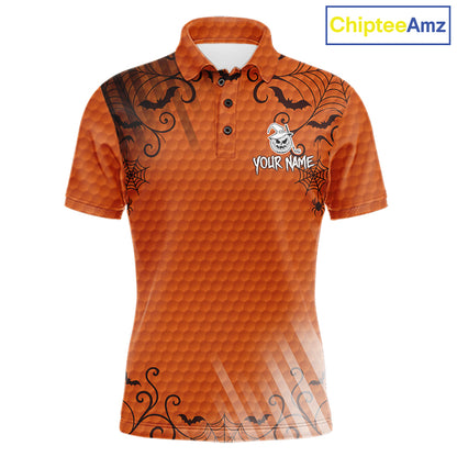 Heart Halloween Men Golf Polo Shirt Custom Orange Spiderweb Name Golf Shirt, Halloween Golf Gifts NYN4280