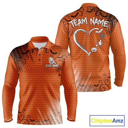 Heart Halloween Men Golf Polo Shirt Custom Orange Spiderweb Name Golf Shirt, Halloween Golf Gifts NYN4280