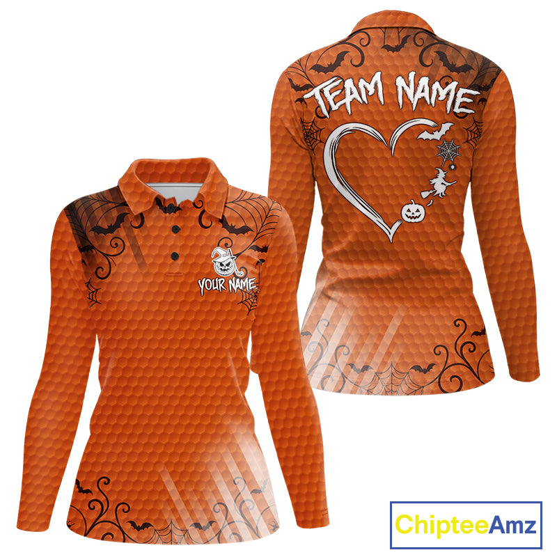 Heart Halloween Women Golf Polo Shirt Custom Orange Spiderweb Name Golf Shirt, Halloween Golf Gifts NYN4280