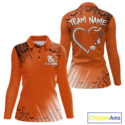 Heart Halloween Women Golf Polo Shirt Custom Orange Spiderweb Name Golf Shirt, Halloween Golf Gifts NYN4280