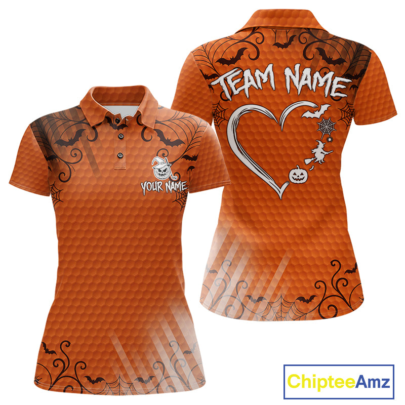 Heart Halloween Women Golf Polo Shirt Custom Orange Spiderweb Name Golf Shirt, Halloween Golf Gifts NYN4280