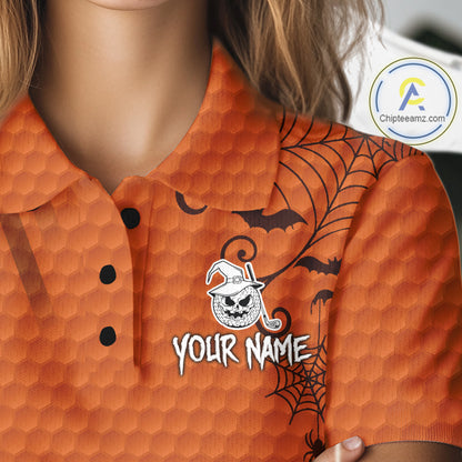 Heart Halloween Women Golf Polo Shirt Custom Orange Spiderweb Name Golf Shirt, Halloween Golf Gifts NYN4280