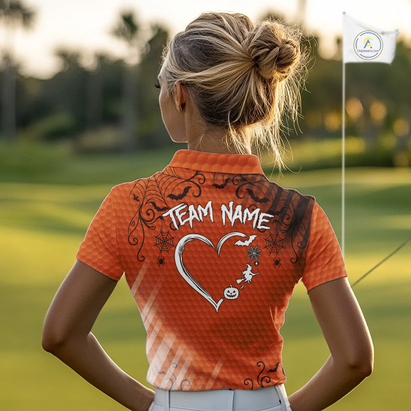 Heart Halloween Women Golf Polo Shirt Custom Orange Spiderweb Name Golf Shirt, Halloween Golf Gifts NYN4280