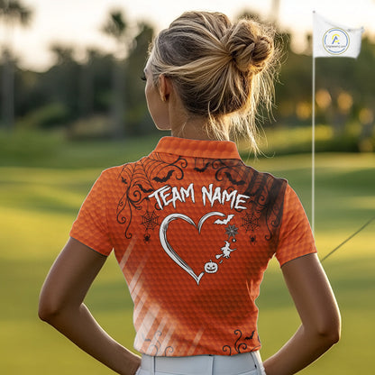 Heart Halloween Women Golf Polo Shirt Custom Orange Spiderweb Name Golf Shirt, Halloween Golf Gifts NYN4280