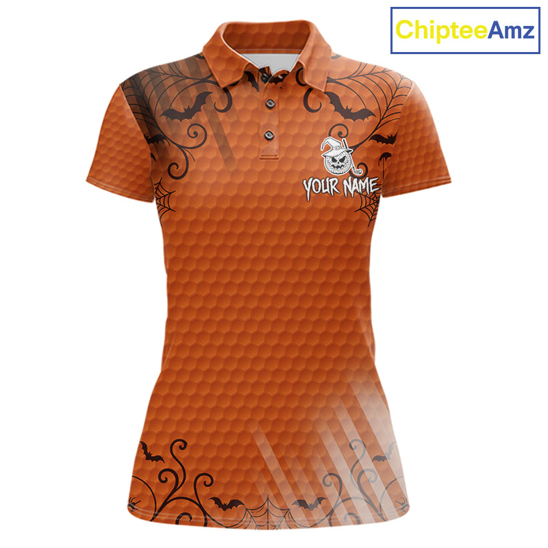Heart Halloween Women Golf Polo Shirt Custom Orange Spiderweb Name Golf Shirt, Halloween Golf Gifts NYN4280
