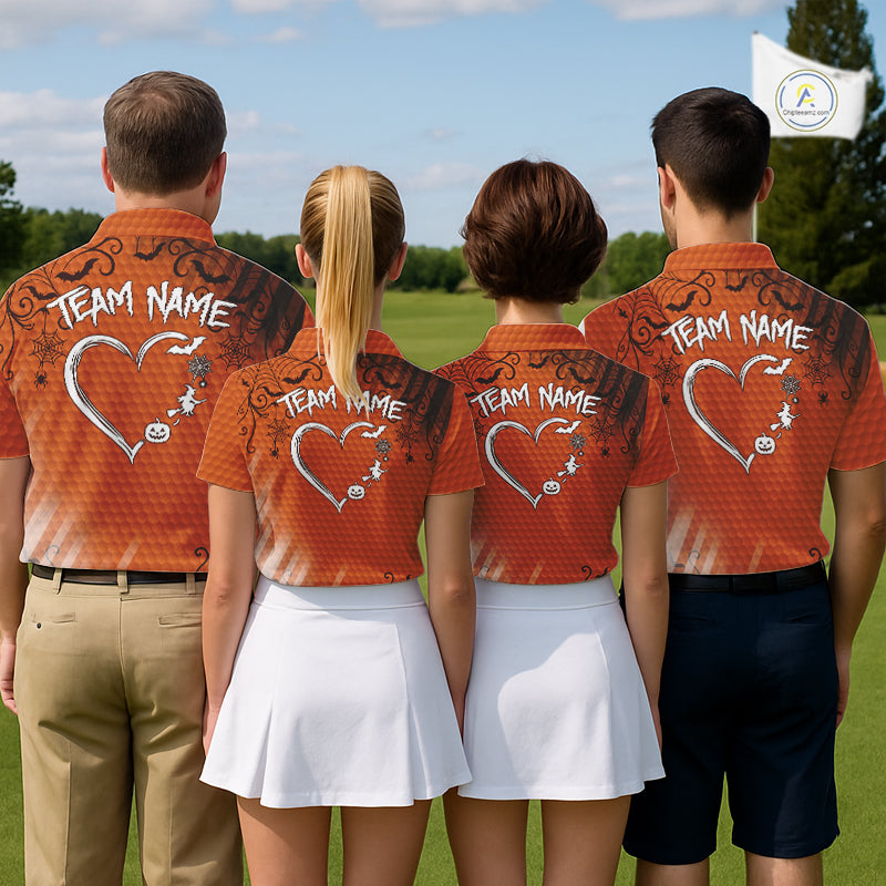 Heart Halloween Men Golf Polo Shirt Custom Orange Spiderweb Name Golf Shirt, Halloween Golf Gifts NYN4280