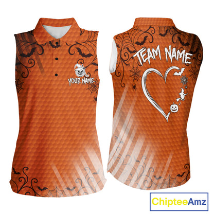 Heart Halloween Women Golf Sleeveless Polo Shirt Custom Orange Spiderweb Name Golf Shirt, Halloween Golf Gifts NYN4280