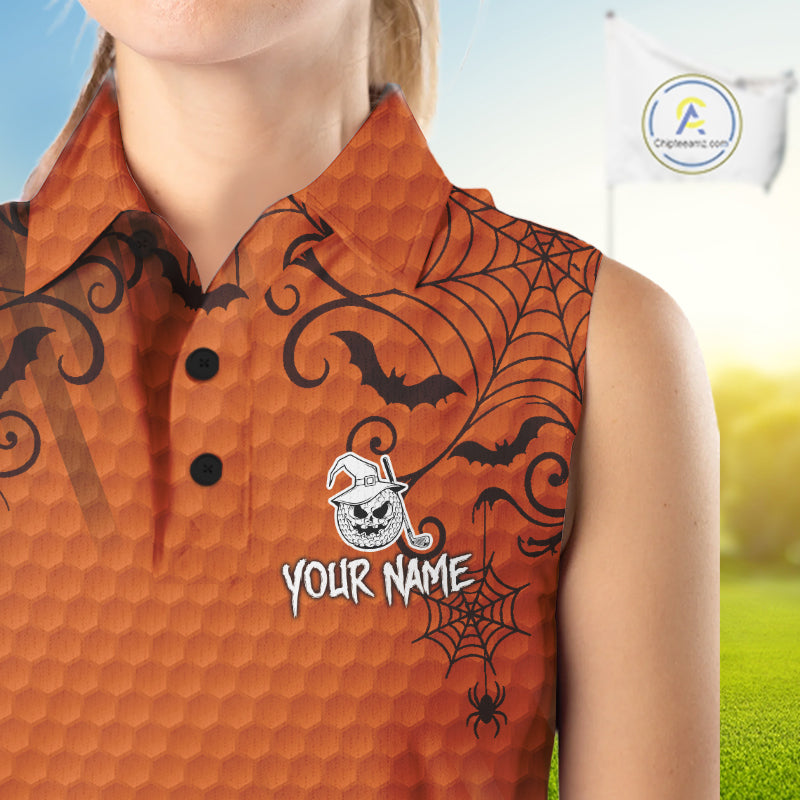 Heart Halloween Women Golf Sleeveless Polo Shirt Custom Orange Spiderweb Name Golf Shirt, Halloween Golf Gifts NYN4280