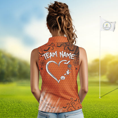 Heart Halloween Women Golf Sleeveless Polo Shirt Custom Orange Spiderweb Name Golf Shirt, Halloween Golf Gifts NYN4280