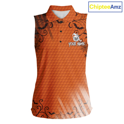 Heart Halloween Women Golf Sleeveless Polo Shirt Custom Orange Spiderweb Name Golf Shirt, Halloween Golf Gifts NYN4280