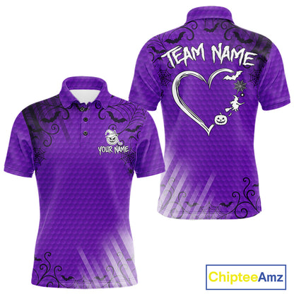 Heart Halloween Men Golf Polo Shirt Custom Purple Spiderweb Name Golf Shirt, Halloween Golf Gifts NYN4281