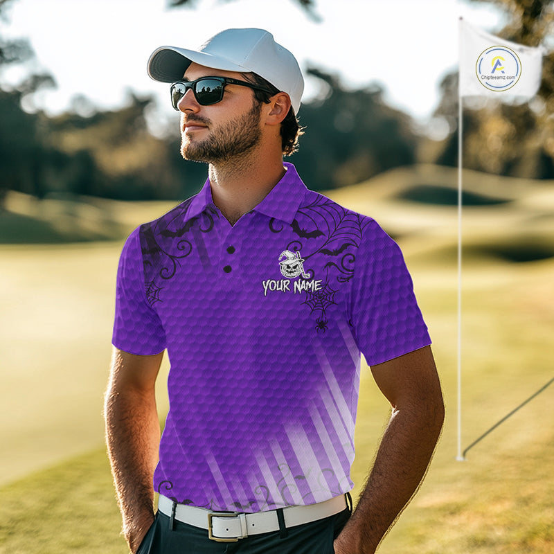 Heart Halloween Men Golf Polo Shirt Custom Purple Spiderweb Name Golf Shirt, Halloween Golf Gifts NYN4281