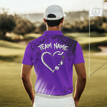 Heart Halloween Men Golf Polo Shirt Custom Purple Spiderweb Name Golf Shirt, Halloween Golf Gifts NYN4281