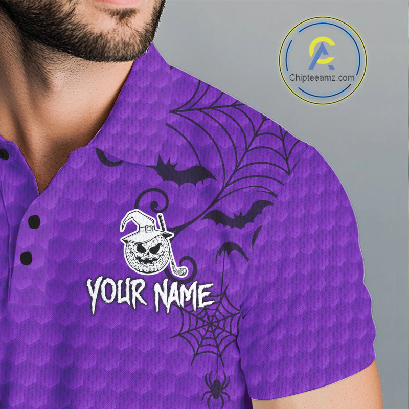 Heart Halloween Men Golf Polo Shirt Custom Purple Spiderweb Name Golf Shirt, Halloween Golf Gifts NYN4281