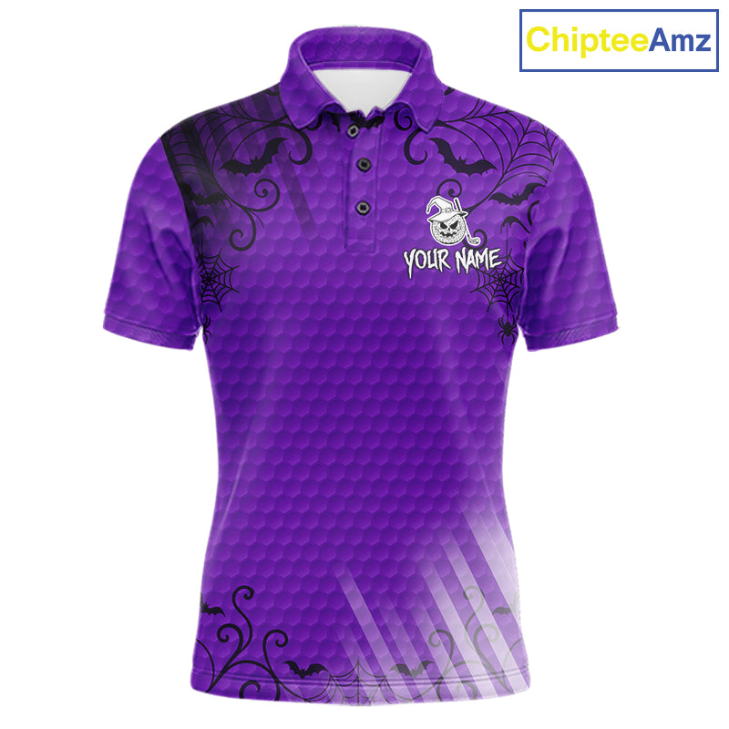 Heart Halloween Men Golf Polo Shirt Custom Purple Spiderweb Name Golf Shirt, Halloween Golf Gifts NYN4281