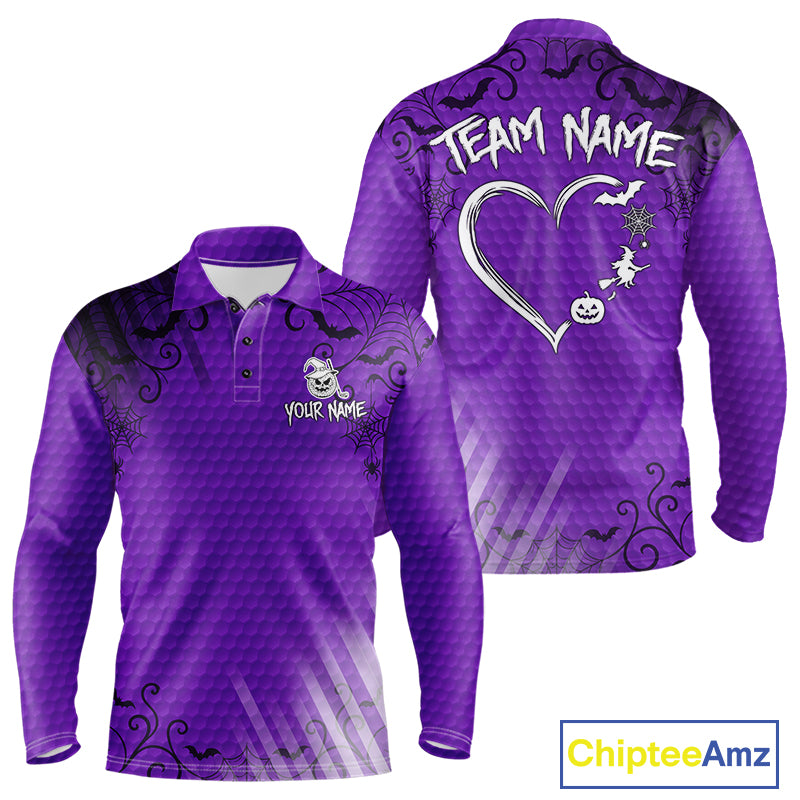 Heart Halloween Men Golf Polo Shirt Custom Purple Spiderweb Name Golf Shirt, Halloween Golf Gifts NYN4281