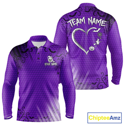 Heart Halloween Men Golf Polo Shirt Custom Purple Spiderweb Name Golf Shirt, Halloween Golf Gifts NYN4281