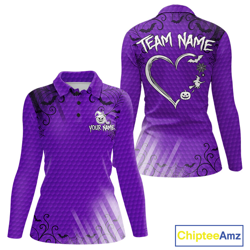 Heart Halloween Women Golf Polo Shirt Custom Purple Spiderweb Name Golf Shirt, Halloween Golf Gifts NYN4281