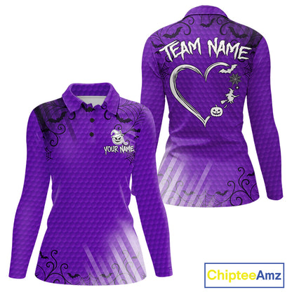 Heart Halloween Women Golf Polo Shirt Custom Purple Spiderweb Name Golf Shirt, Halloween Golf Gifts NYN4281