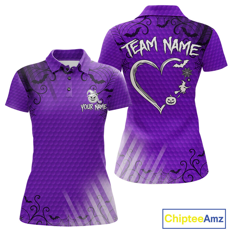 Heart Halloween Women Golf Polo Shirt Custom Purple Spiderweb Name Golf Shirt, Halloween Golf Gifts NYN4281