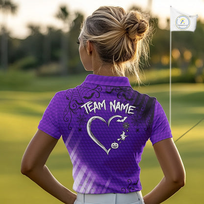Heart Halloween Women Golf Polo Shirt Custom Purple Spiderweb Name Golf Shirt, Halloween Golf Gifts NYN4281