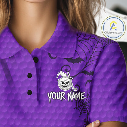 Heart Halloween Women Golf Polo Shirt Custom Purple Spiderweb Name Golf Shirt, Halloween Golf Gifts NYN4281