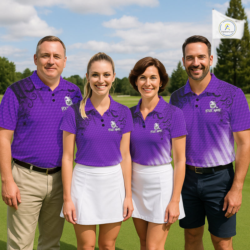 Heart Halloween Men Golf Polo Shirt Custom Purple Spiderweb Name Golf Shirt, Halloween Golf Gifts NYN4281