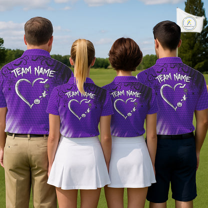 Heart Halloween Men Golf Polo Shirt Custom Purple Spiderweb Name Golf Shirt, Halloween Golf Gifts NYN4281