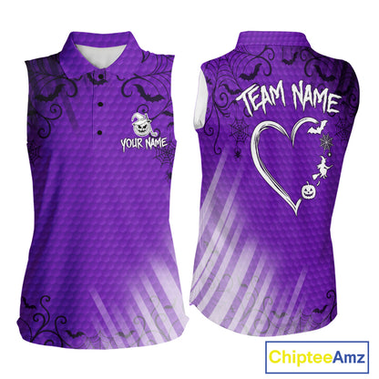 Heart Halloween Women Golf Sleeveless Polo Shirt Custom Purple Spiderweb Name Golf Shirt, Halloween Golf Gifts NYN4281