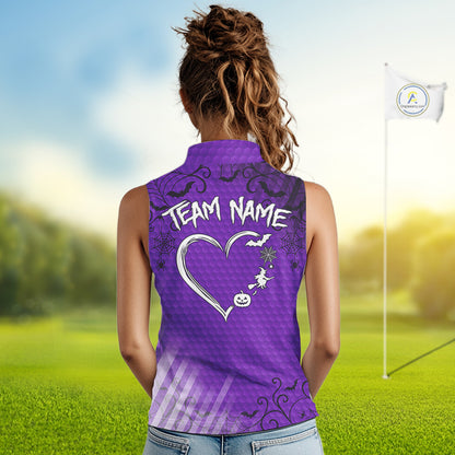 Heart Halloween Women Golf Sleeveless Polo Shirt Custom Purple Spiderweb Name Golf Shirt, Halloween Golf Gifts NYN4281