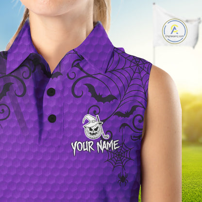 Heart Halloween Women Golf Sleeveless Polo Shirt Custom Purple Spiderweb Name Golf Shirt, Halloween Golf Gifts NYN4281