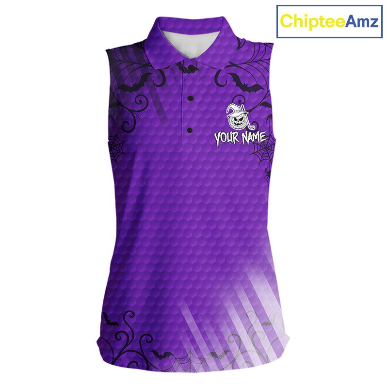 Heart Halloween Women Golf Sleeveless Polo Shirt Custom Purple Spiderweb Name Golf Shirt, Halloween Golf Gifts NYN4281