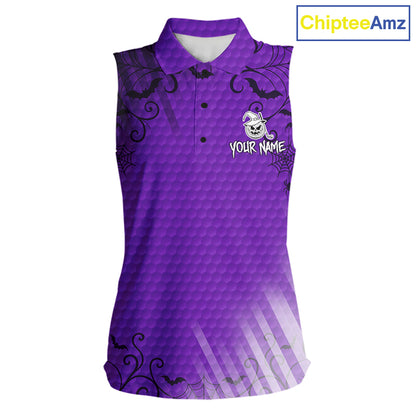 Heart Halloween Women Golf Sleeveless Polo Shirt Custom Purple Spiderweb Name Golf Shirt, Halloween Golf Gifts NYN4281