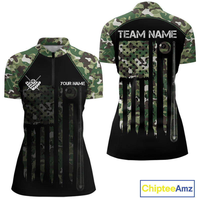 US Flag Camouflage 8 Ball Pool Billiard Polo & Quarter-Zip Custom Billiard Team Attire For Women NYN2748