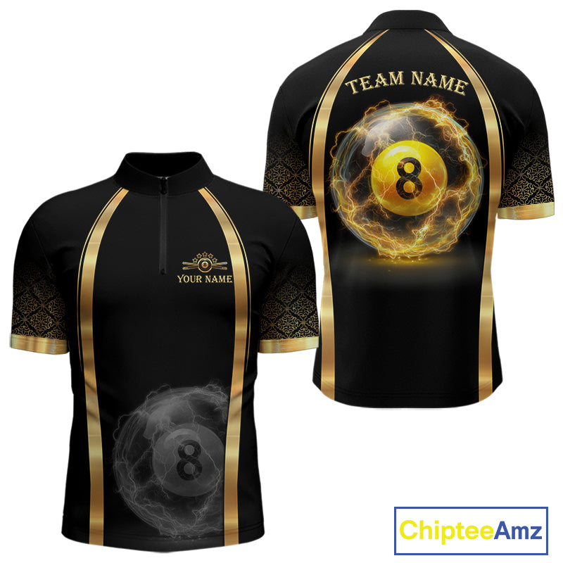 Black & Gold Thunder Lightning Yellow 8 Ball Pool Billiard Jerseys For Men Custom Billiard Team Shirt NYN2752