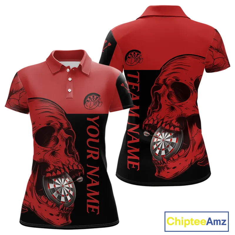 Custom Red Black Skull Dartboards Dart Shirts For Women, Dart Team Jerseys NYN0050