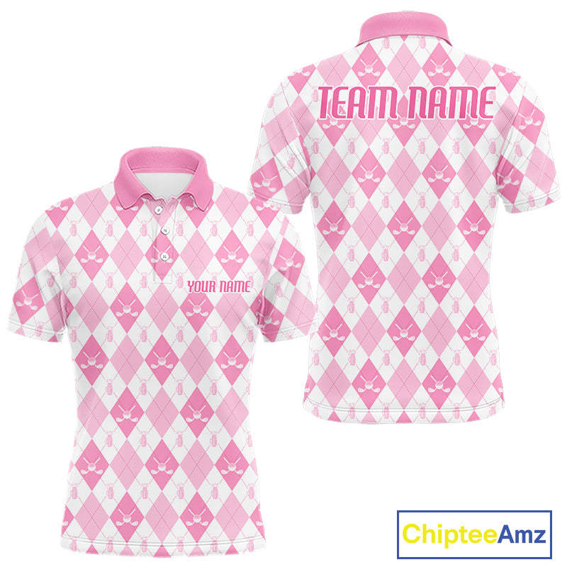 Mens Golf Polo Shirt Custom White And Pink Argyle Plaid Pattern Golf Team Attire Golf Gifts NYN4293