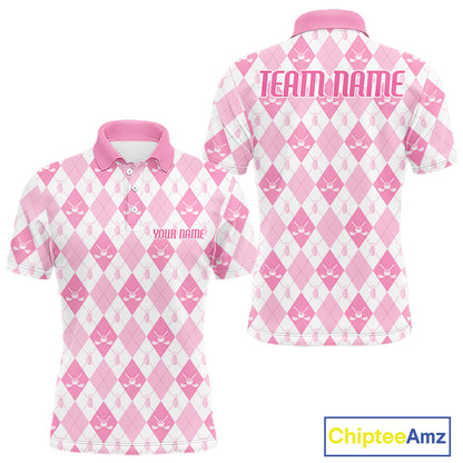 Mens Golf Polo Shirt Custom White And Pink Argyle Plaid Pattern Golf Team Attire Golf Gifts NYN4293