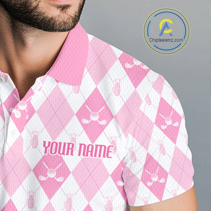 Mens Golf Polo Shirt Custom White And Pink Argyle Plaid Pattern Golf Team Attire Golf Gifts NYN4293