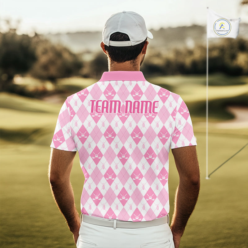 Mens Golf Polo Shirt Custom White And Pink Argyle Plaid Pattern Golf Team Attire Golf Gifts NYN4293