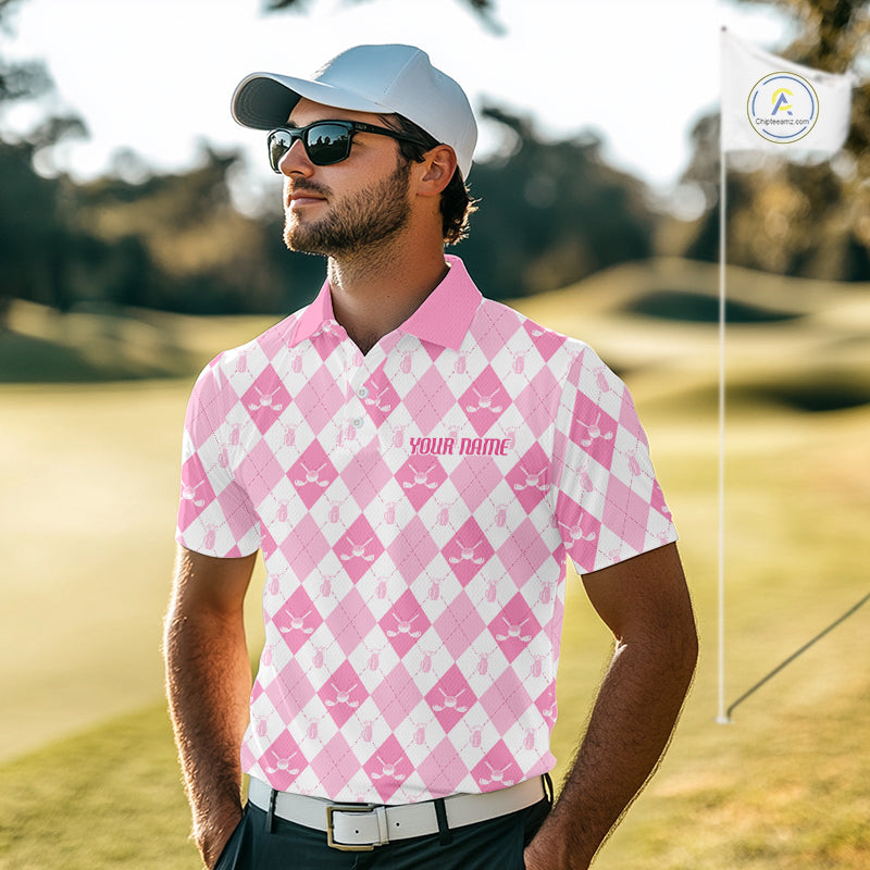 Mens Golf Polo Shirt Custom White And Pink Argyle Plaid Pattern Golf Team Attire Golf Gifts NYN4293