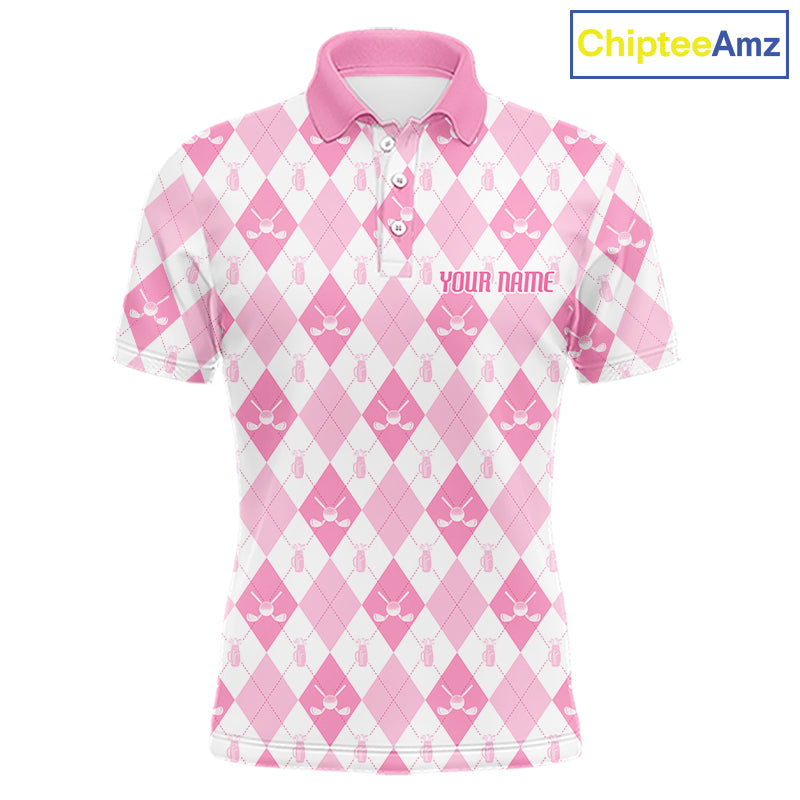 Mens Golf Polo Shirt Custom White And Pink Argyle Plaid Pattern Golf Team Attire Golf Gifts NYN4293