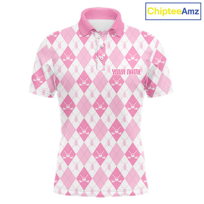 Mens Golf Polo Shirt Custom White And Pink Argyle Plaid Pattern Golf Team Attire Golf Gifts NYN4293